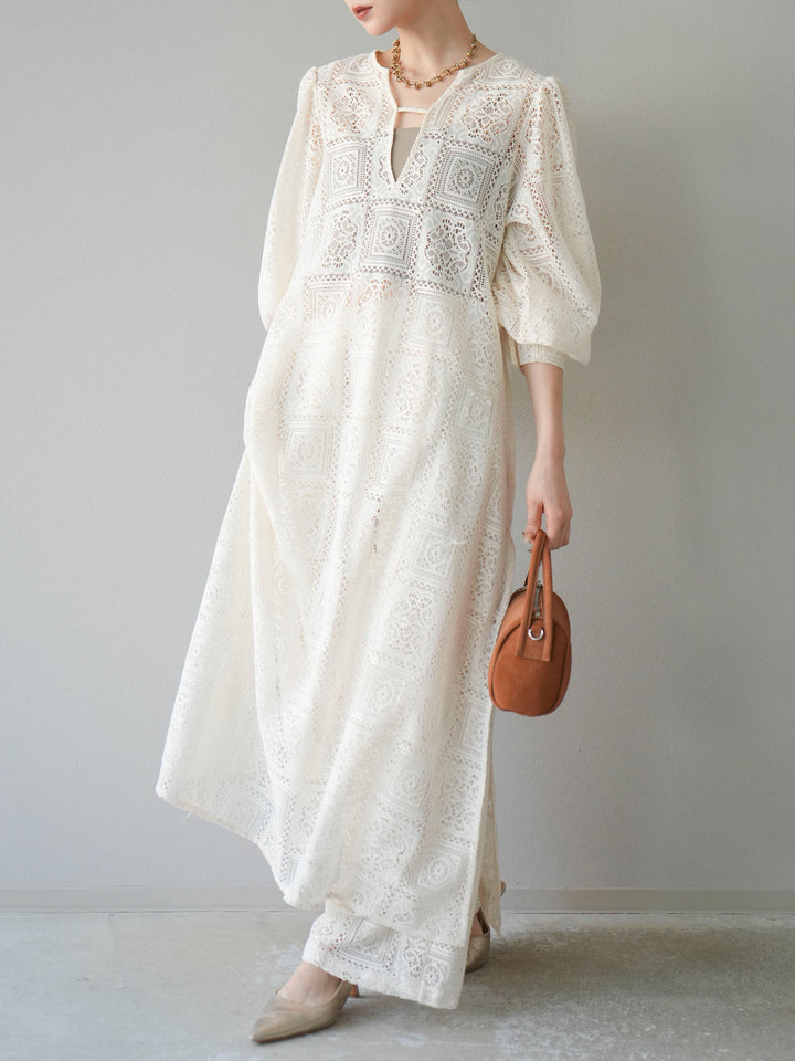 【套裝】塊蕾絲捲袖洋裝+塊蕾絲寬褲（2套）
