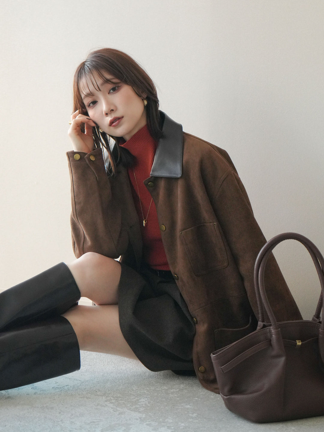 [予約]襟レザーステンカラースエードジャケット/camel