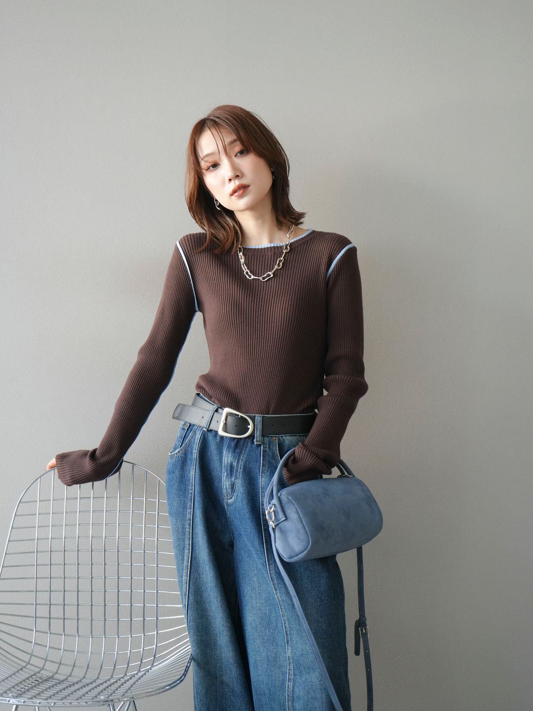 [予約]バイカラークルーネックリブニットトップス/brown