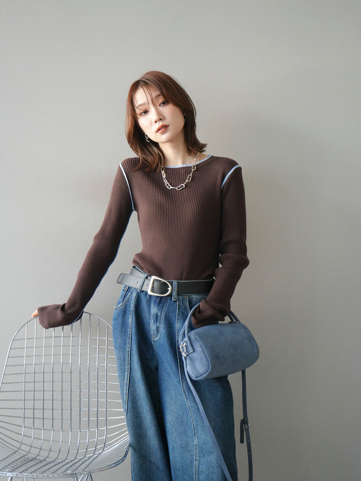 [予約]バイカラークルーネックリブニットトップス/brown