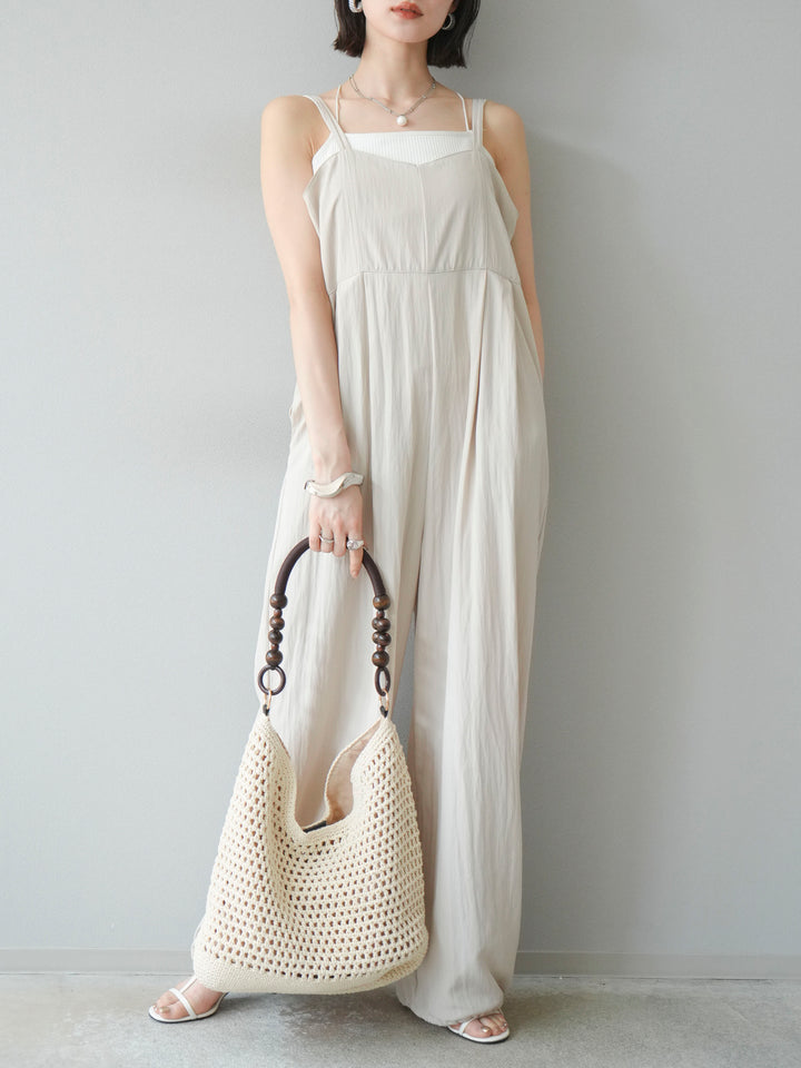 [SET]リネンライクビスチェデザインサロペット+ダブルストラップカットリブブラキャミソール(2set)