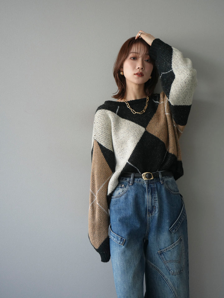 [SET]配色ステッチアーガイル柄ニットプルオーバー+ペインターカーブデニムパンツ(2set)