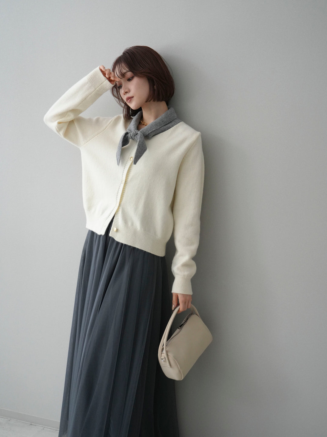 [SET]デザイン襟ニットカーディガン+チュールボリュームスカート(2set)