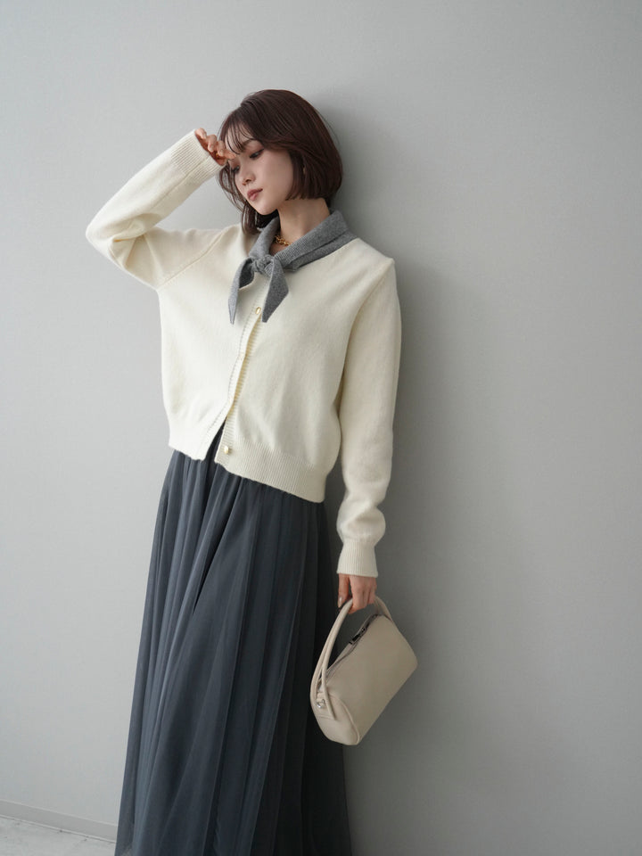 [SET]デザイン襟ニットカーディガン+チュールボリュームスカート(2set)