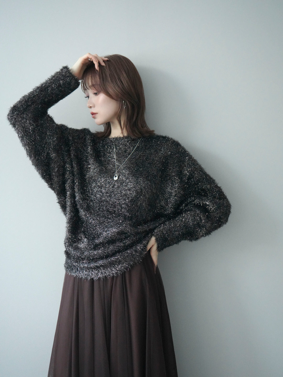 [予約]ラメシャギードルマンニットプルオーバー/brown