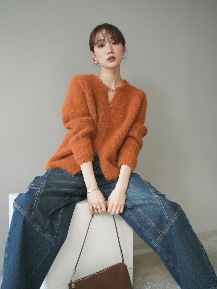 [予約]キーネックシャギーニットカーディガン/camel