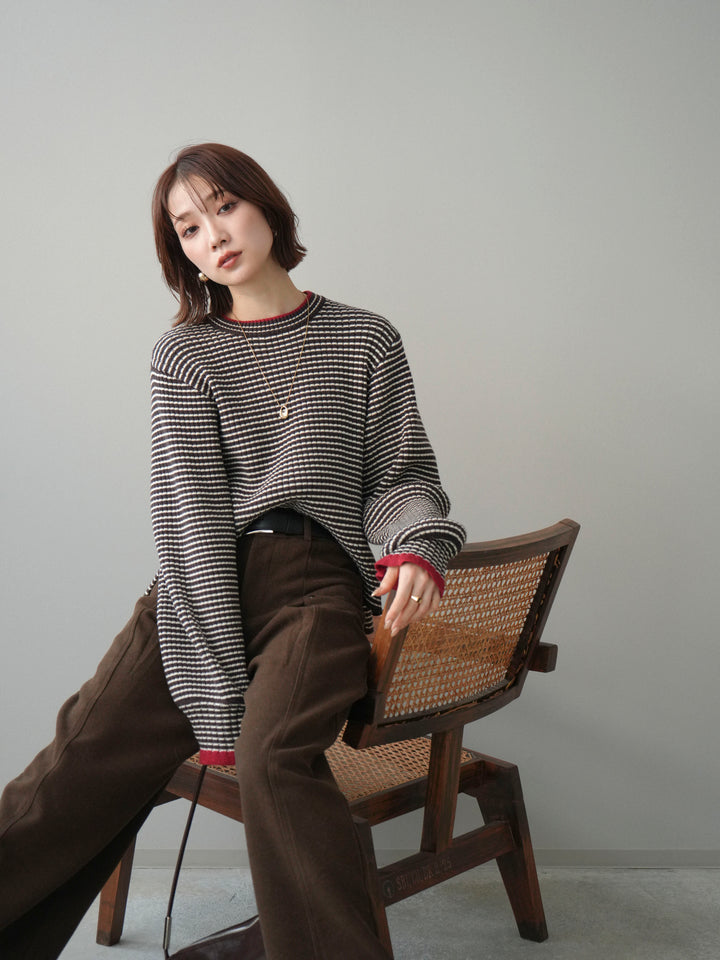 [予約]ラメ異素材ボーダーリブニットプルオーバー/brown×red