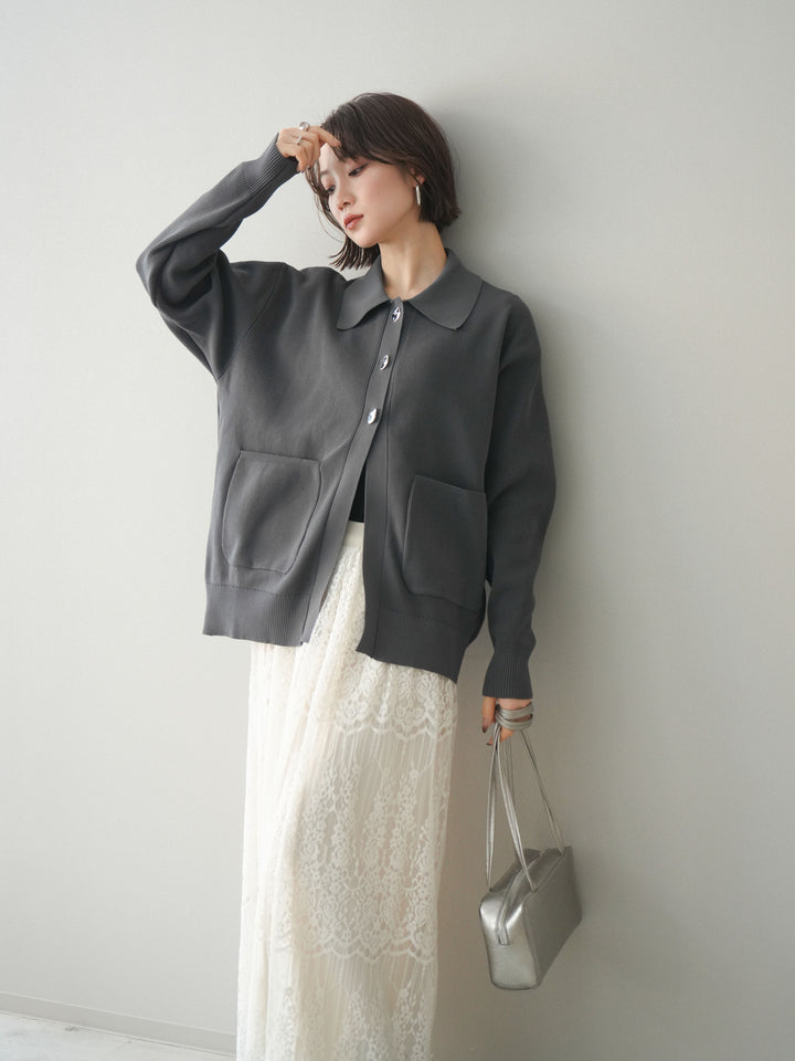 [予約]メタルボタン襟付きポリエステルニットカーディガン/charcoal