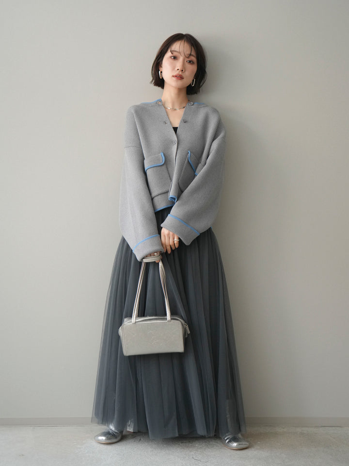 [SET]ポリエステル配色ニットカーディガン+チュールボリュームスカート(2set)