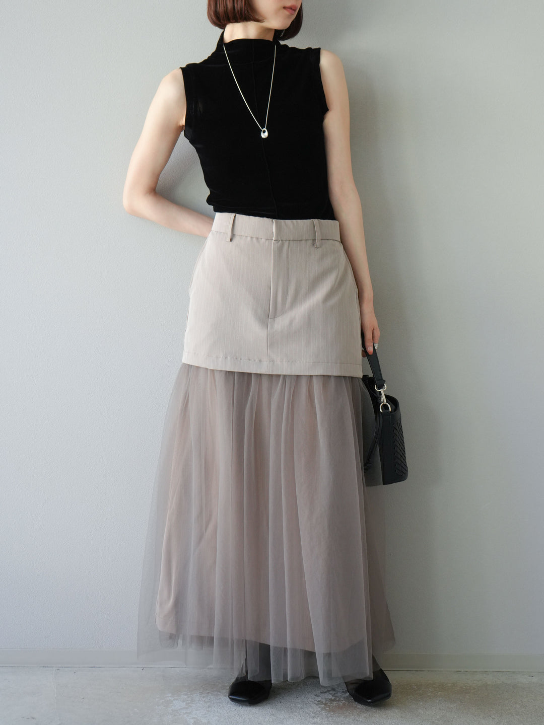 [予約]ストライプ切替チュールスカート/ベージュ