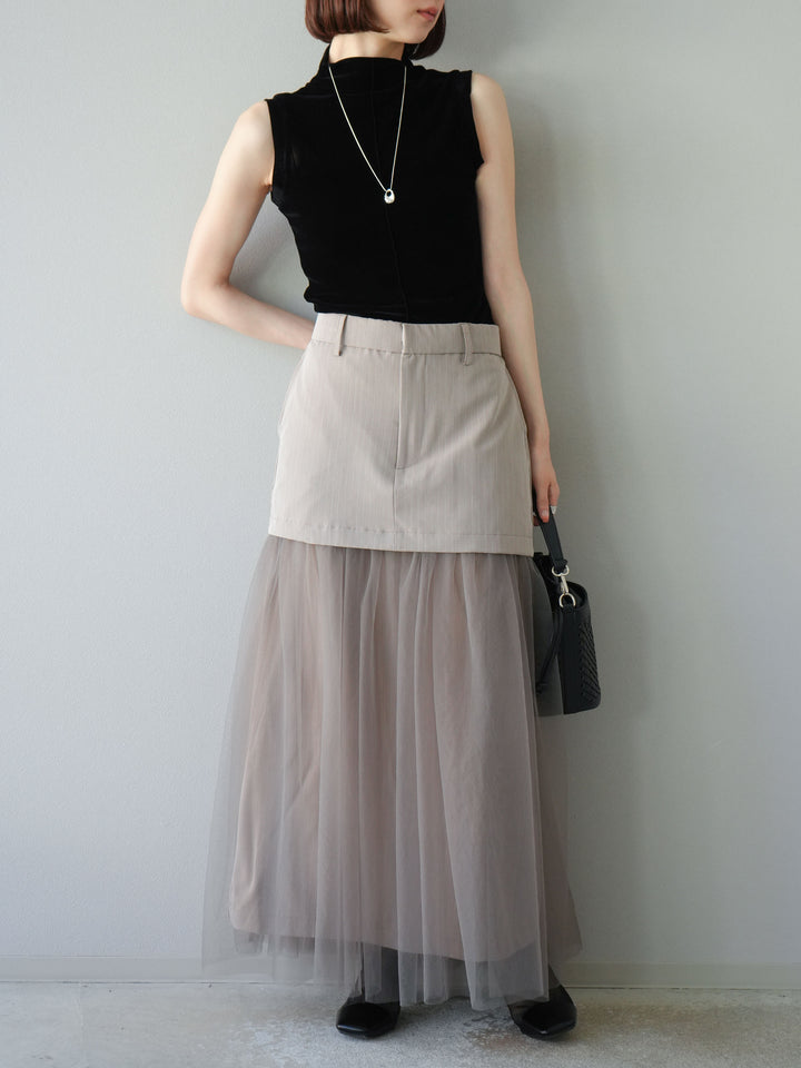 [予約]ストライプ切替チュールスカート/ベージュ