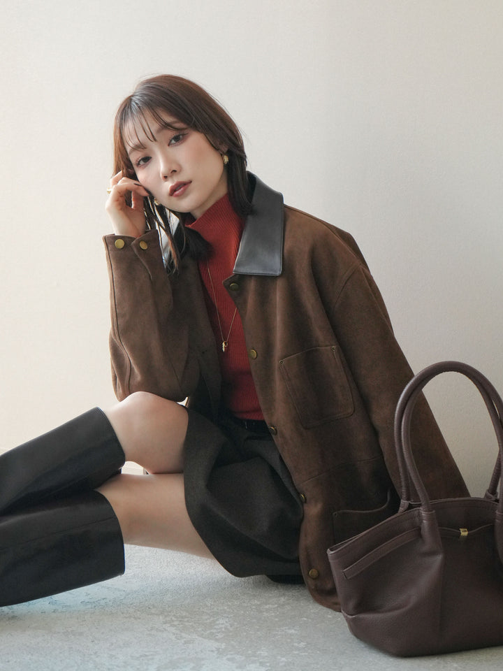 [SET]襟レザーステンカラースエードジャケット+袖ボタンボトルネックリブニットトップス+ベルト付きタックミニスカート(3set)