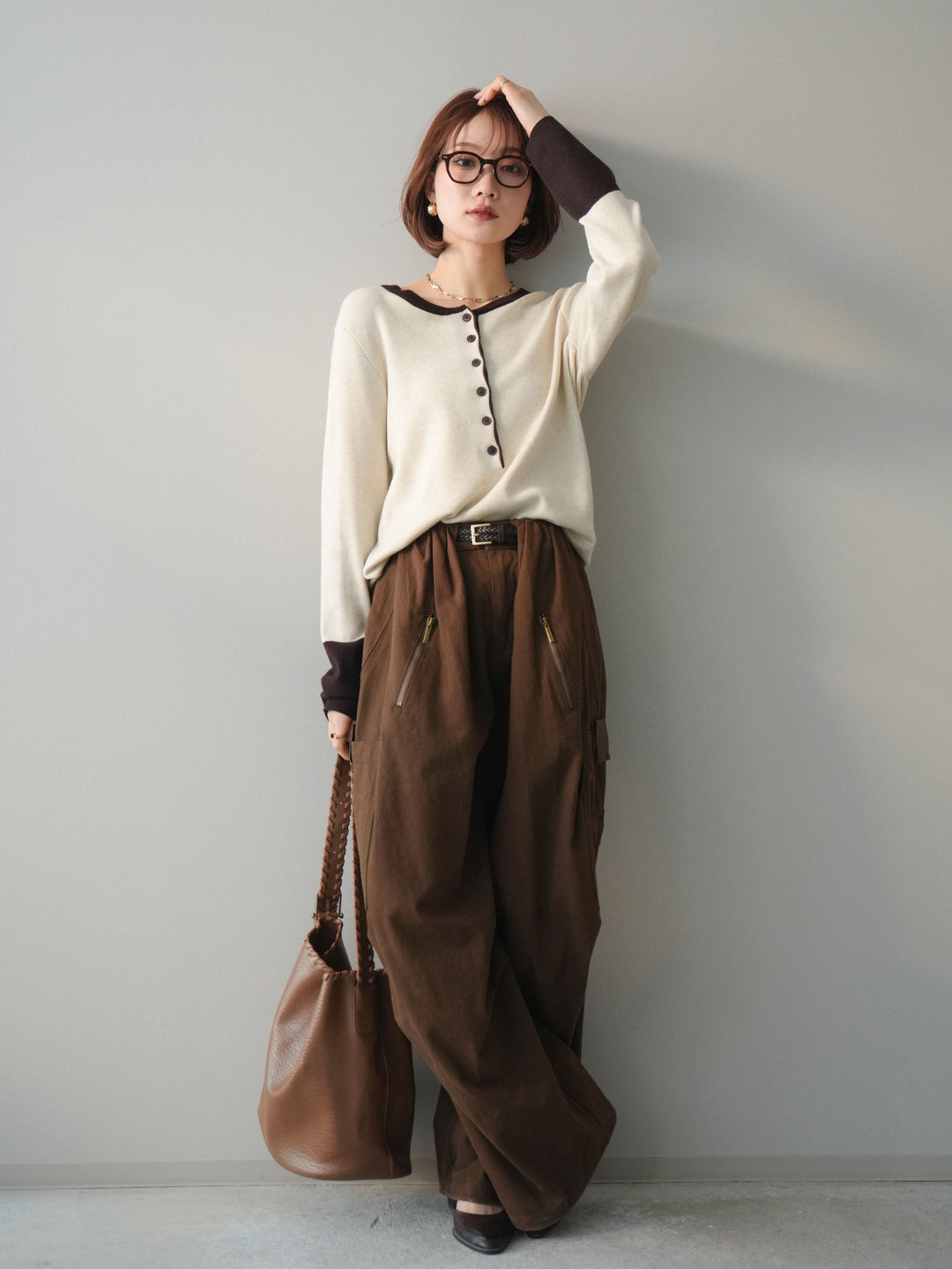 [SET]ヘンリーネック配色ニットソー+コットンタックループパンツ(2set)