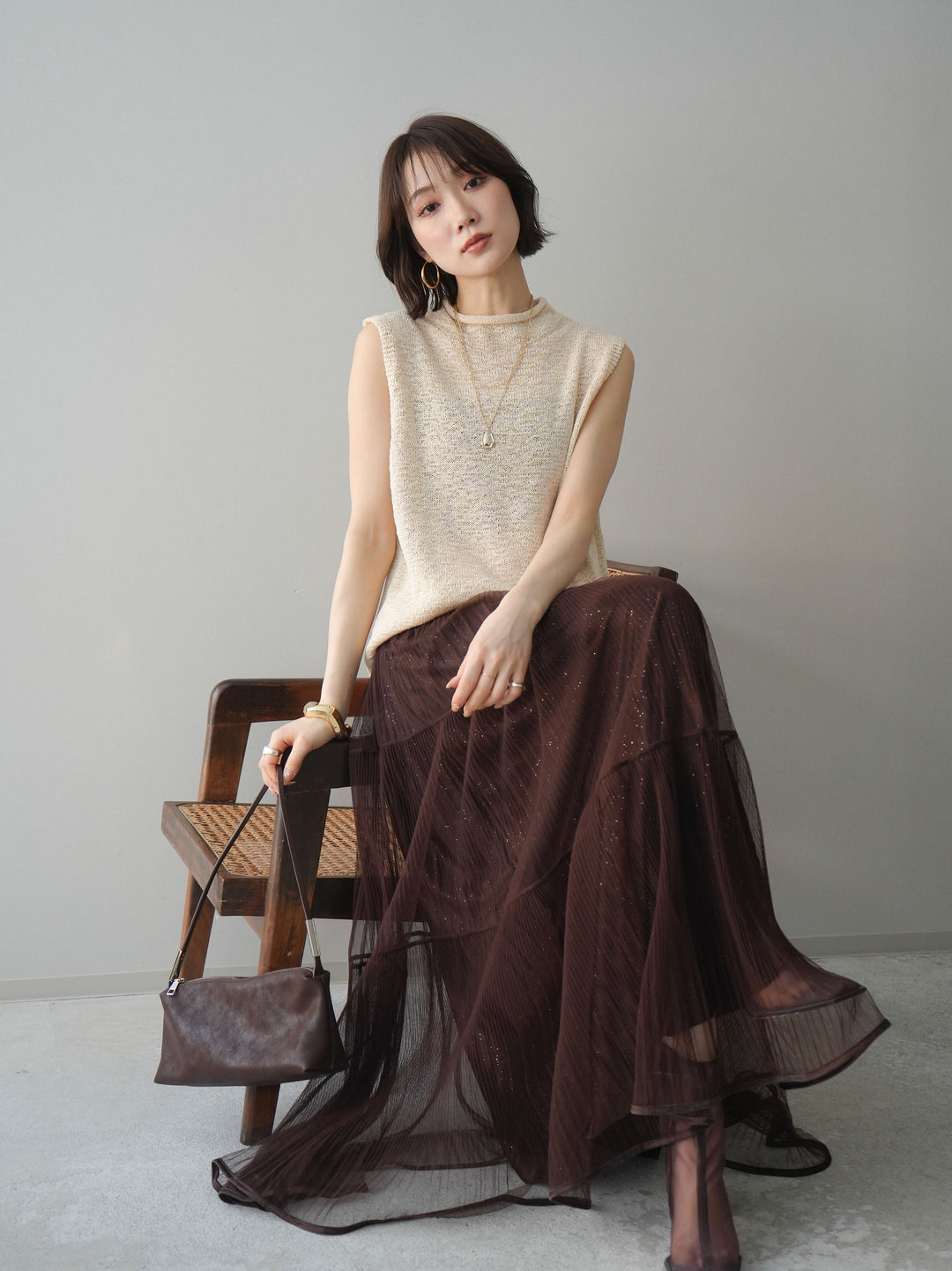 [予約]ノースリーブリネンタッチシアーニットプルオーバー/beige