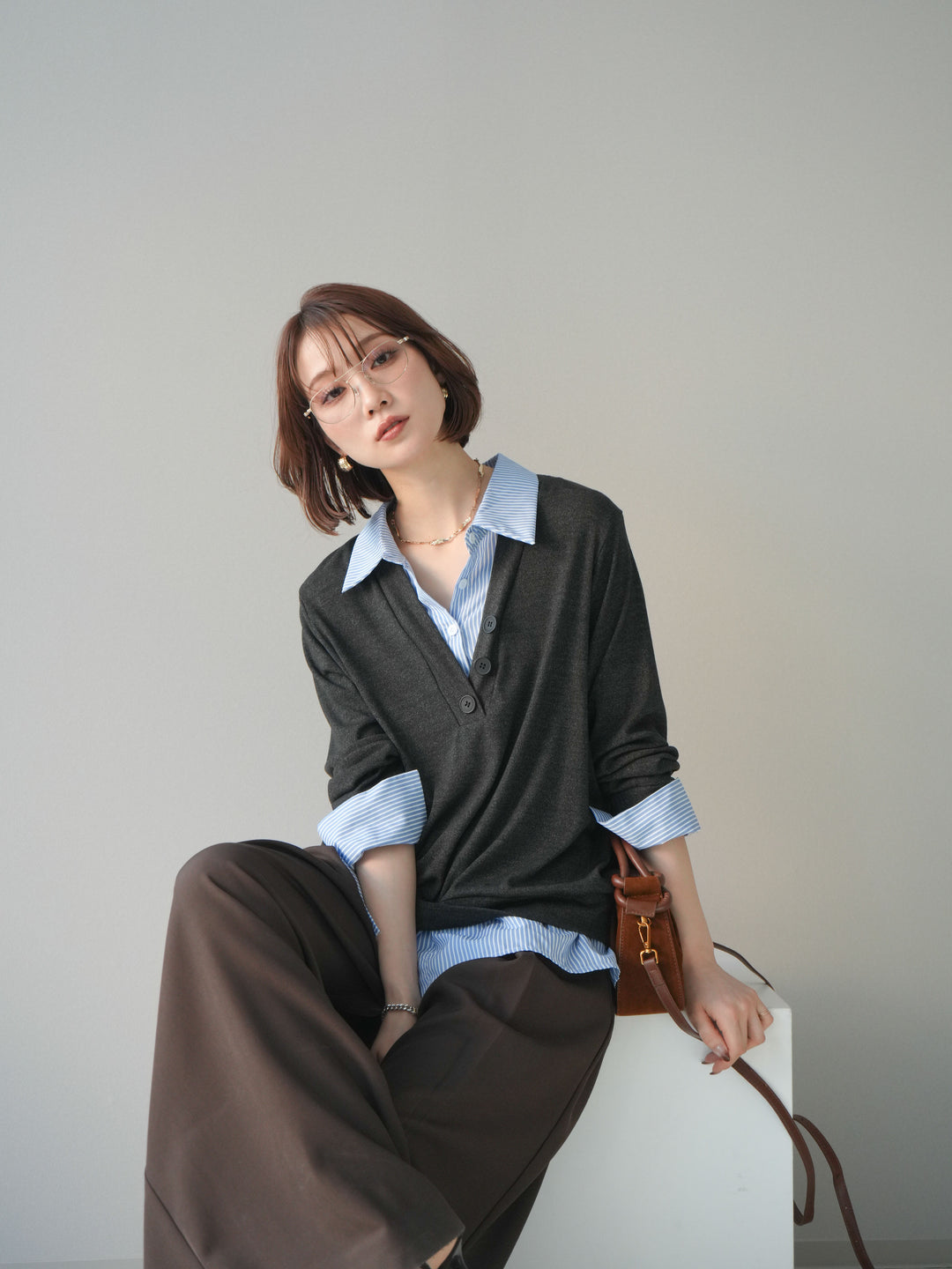 [予約]シャツレイヤードデザインカットプルオーバー/charcoal