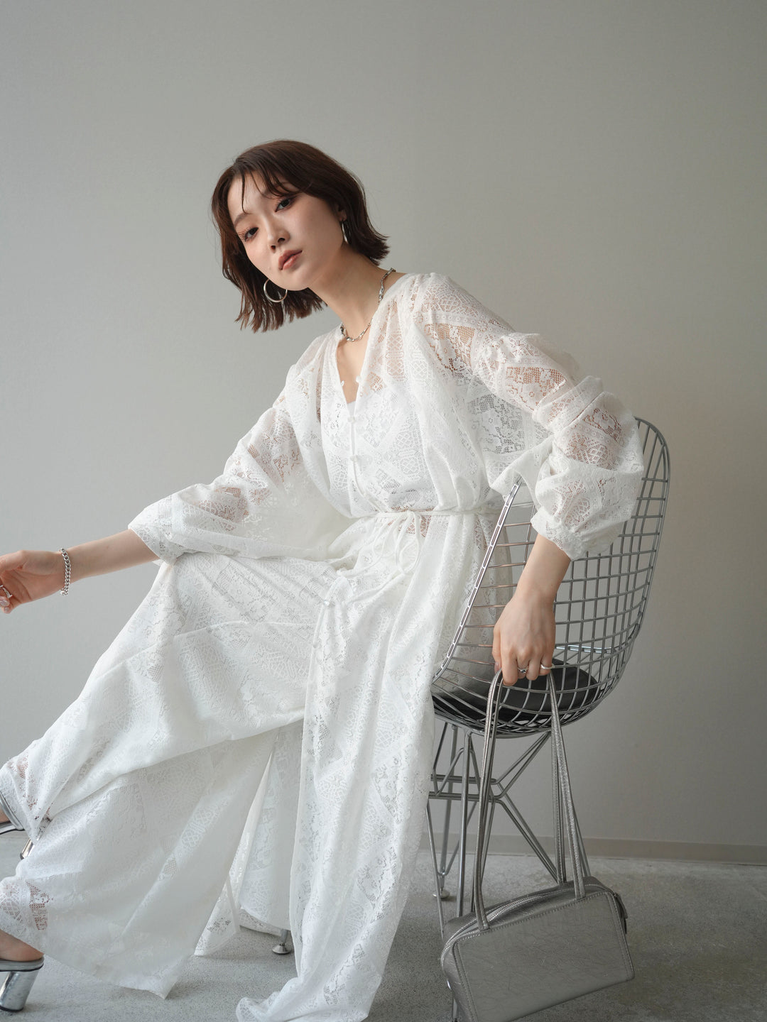 [SET]シアーレースロングガウン+シアーレースイージーパンツ(2set)