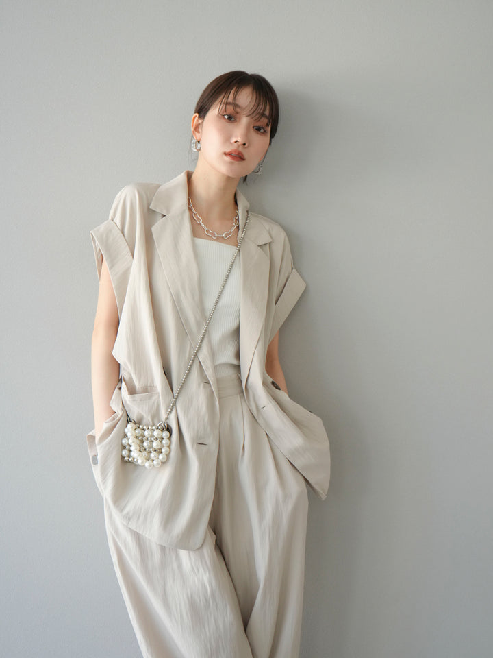 [套裝] 亞麻風格無袖雙背心 + 雙肩帶剪裁羅紋胸罩吊帶背心（2 件套）