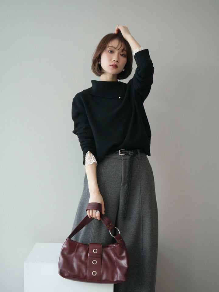 [SET]袖レースパール付き配色ニットトップス+ウールタッチカーブパンツ(2set)