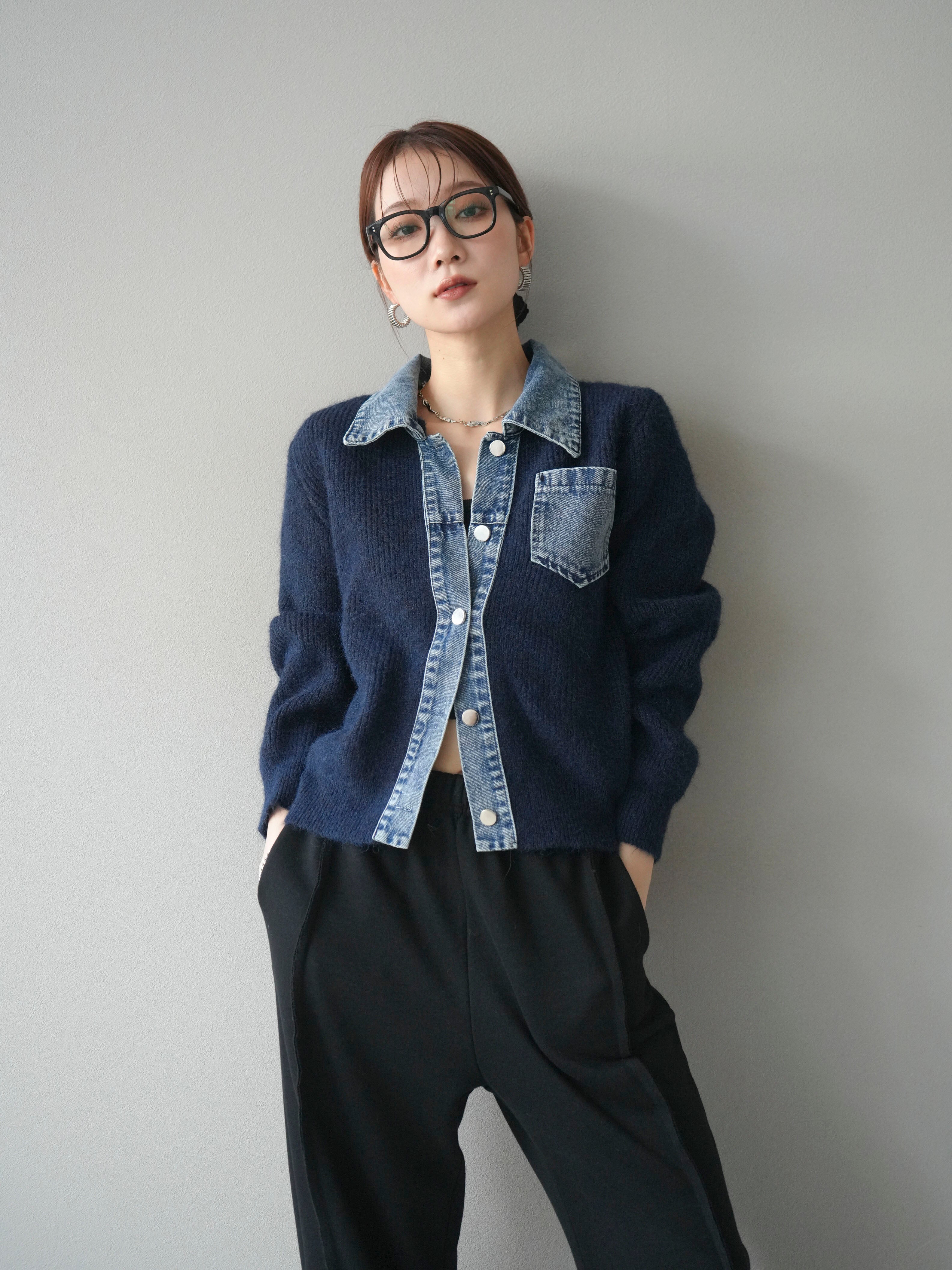 予約]デニム襟ポケットニットカーディガン/navy – Lumier