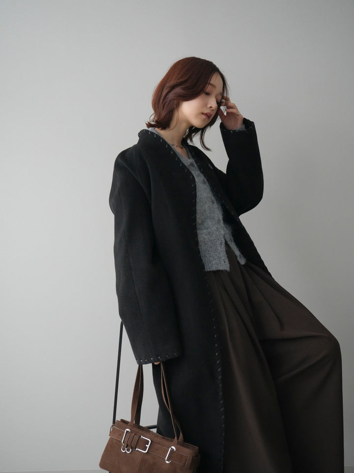 [SET]ハンドステッチ裏中綿ロングコート+モヘア衿付きボタンプルオーバー(2set)