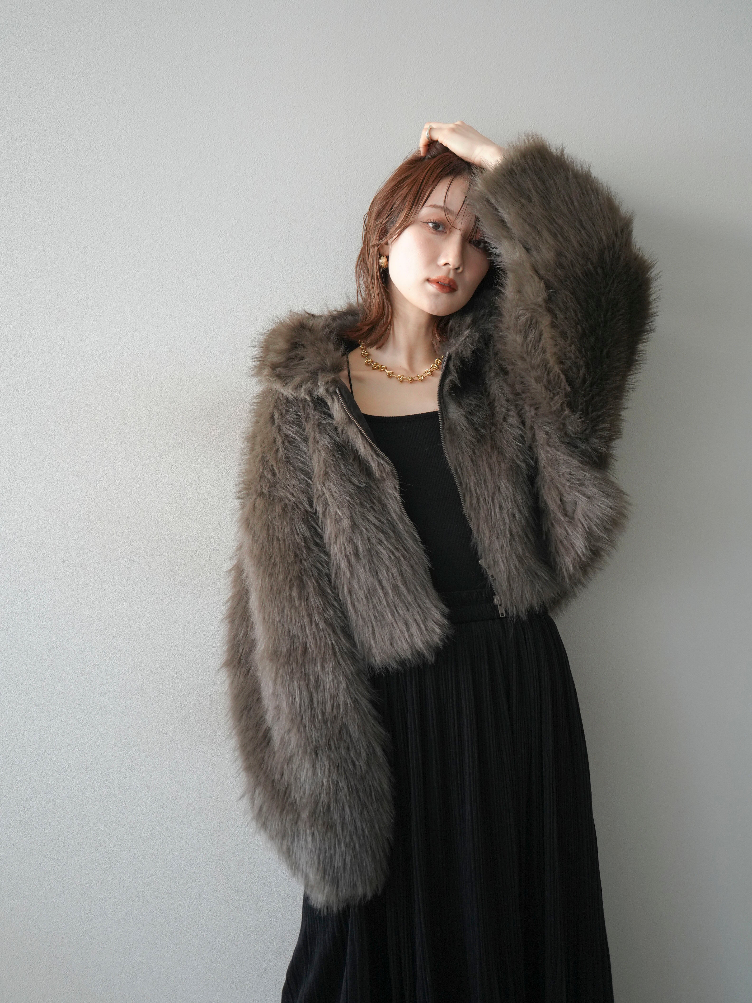 フェイクファーショートZIPジャケット　ブラウン　lumier リュミエ 予約]フェイクファーショートZIPジャケット/brown – Lumier