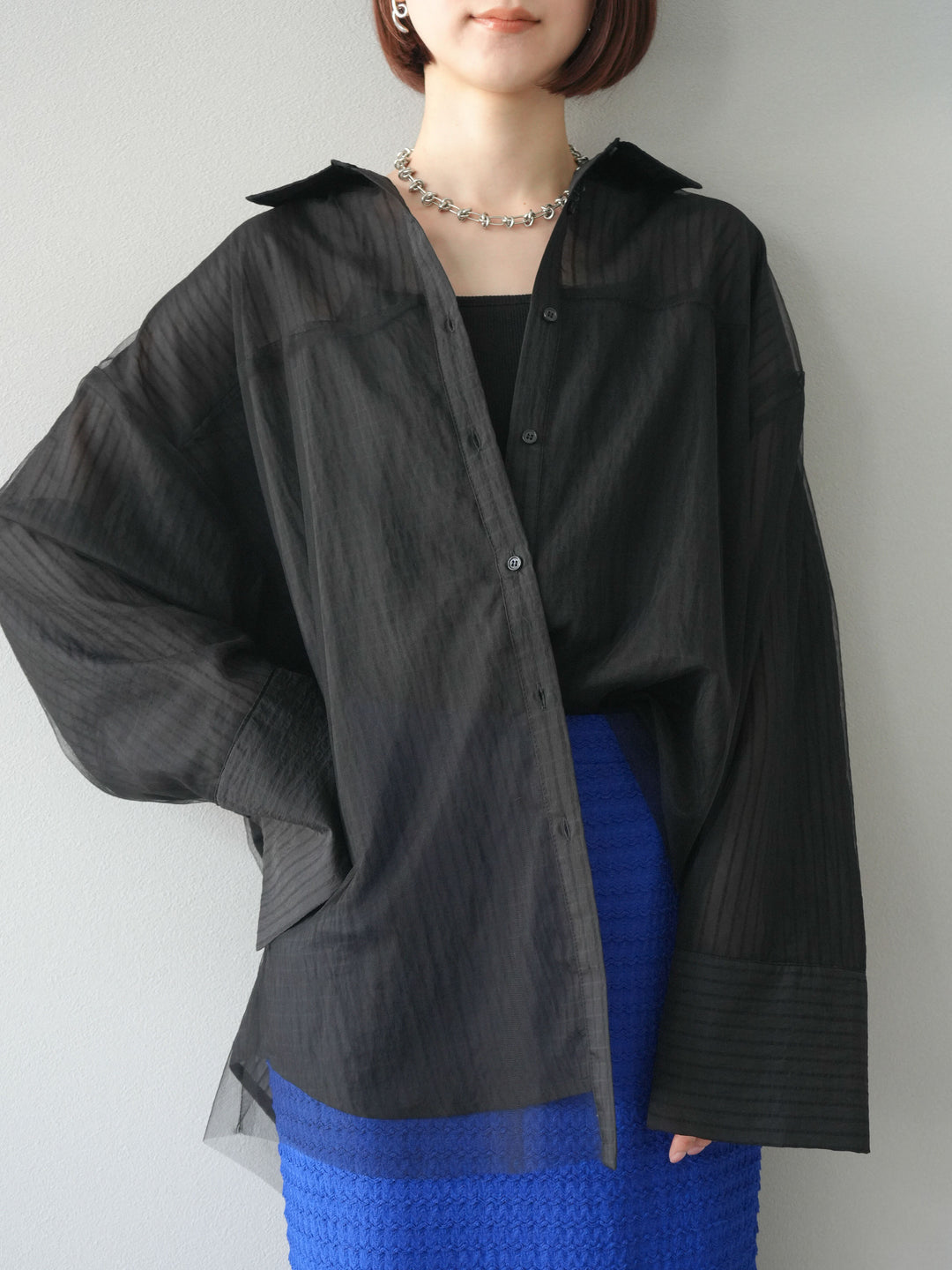 【預購】薄紗對接透視條紋大袖口oversized襯衫/黑色