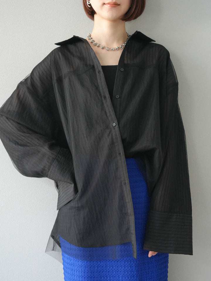 【預購】薄紗對接透視條紋大袖口oversized襯衫/黑色