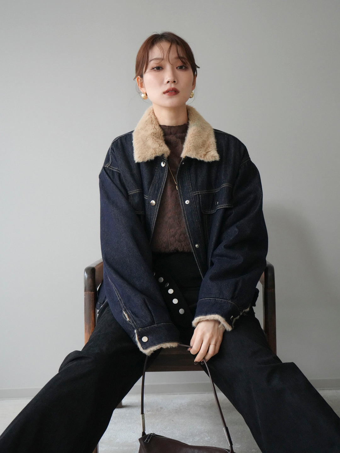 [予約]デニム×ファーステンカラーショートジャケット/indigo