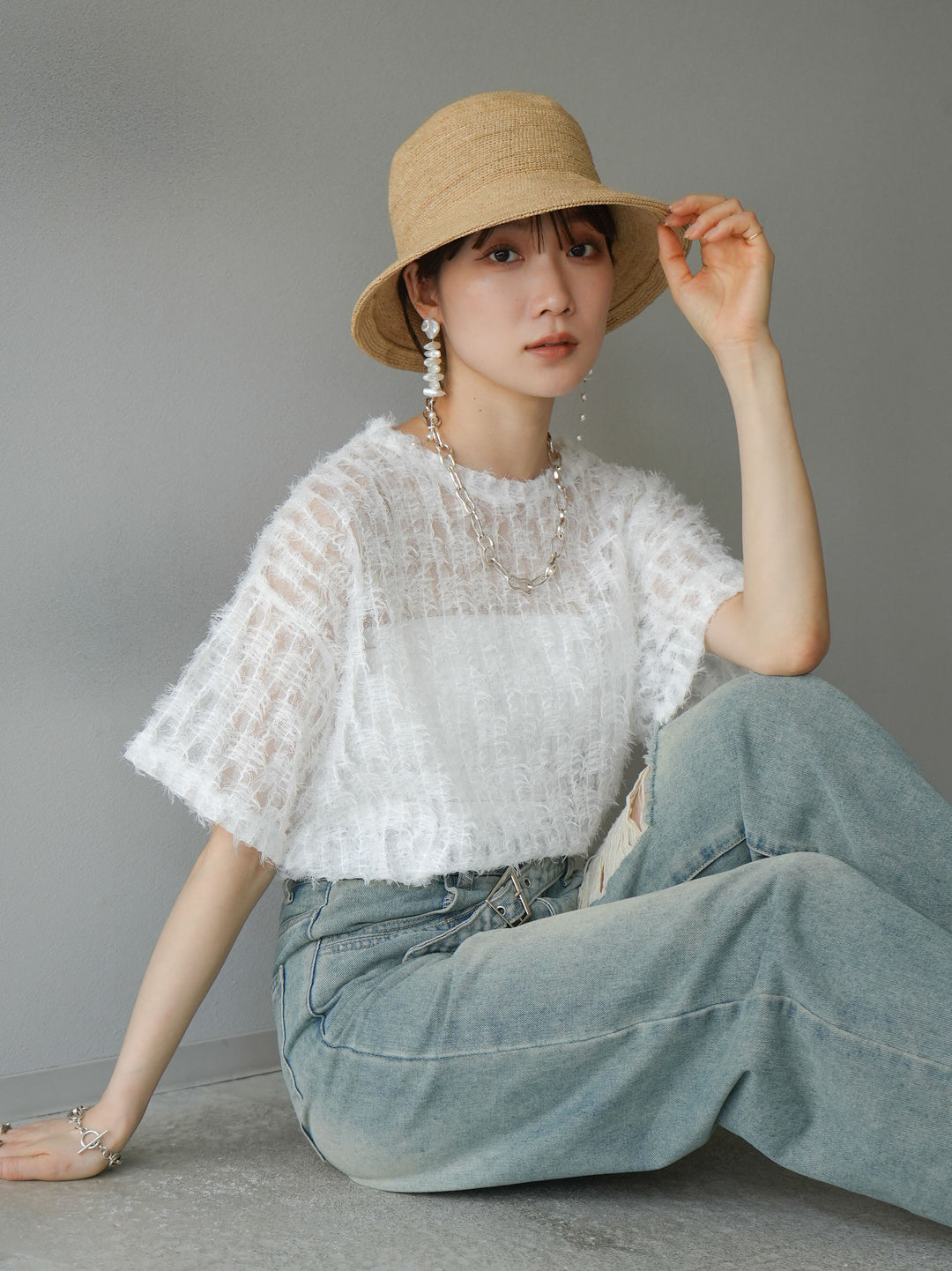 [Pre-order] Fringe Tulle 5/4 Sleeve Over Top/Off-White