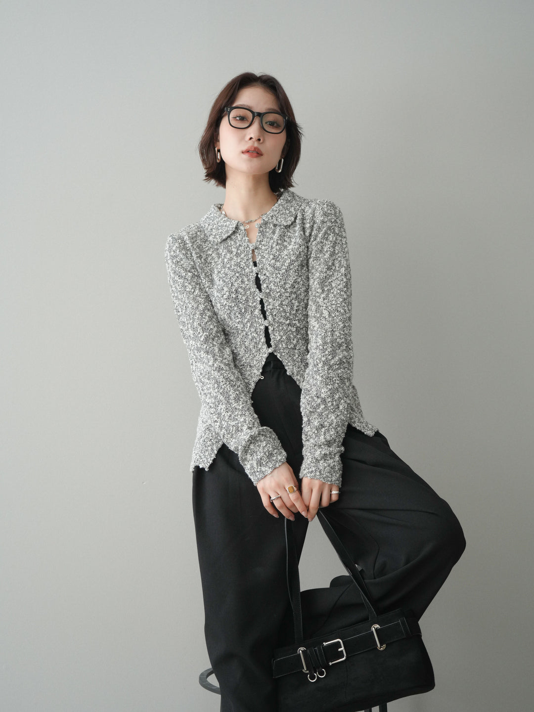 [SET]透かし編みブークレポロニットトップス+透かし編みブークレポロニットトップス(2set)