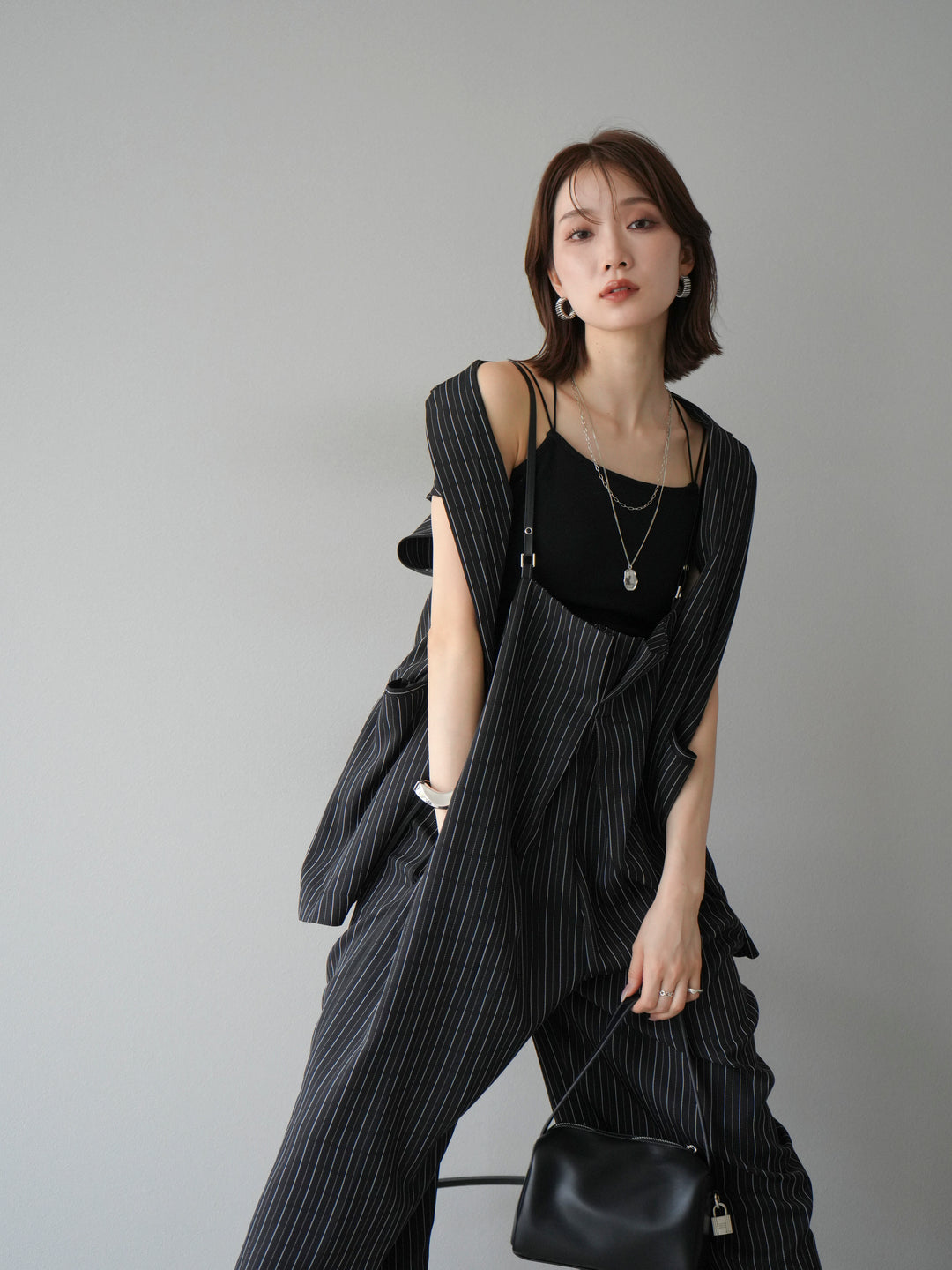 [SET]ヘリンボーンストライプジレ+ヘリンボーンストライプサロペット(2set)