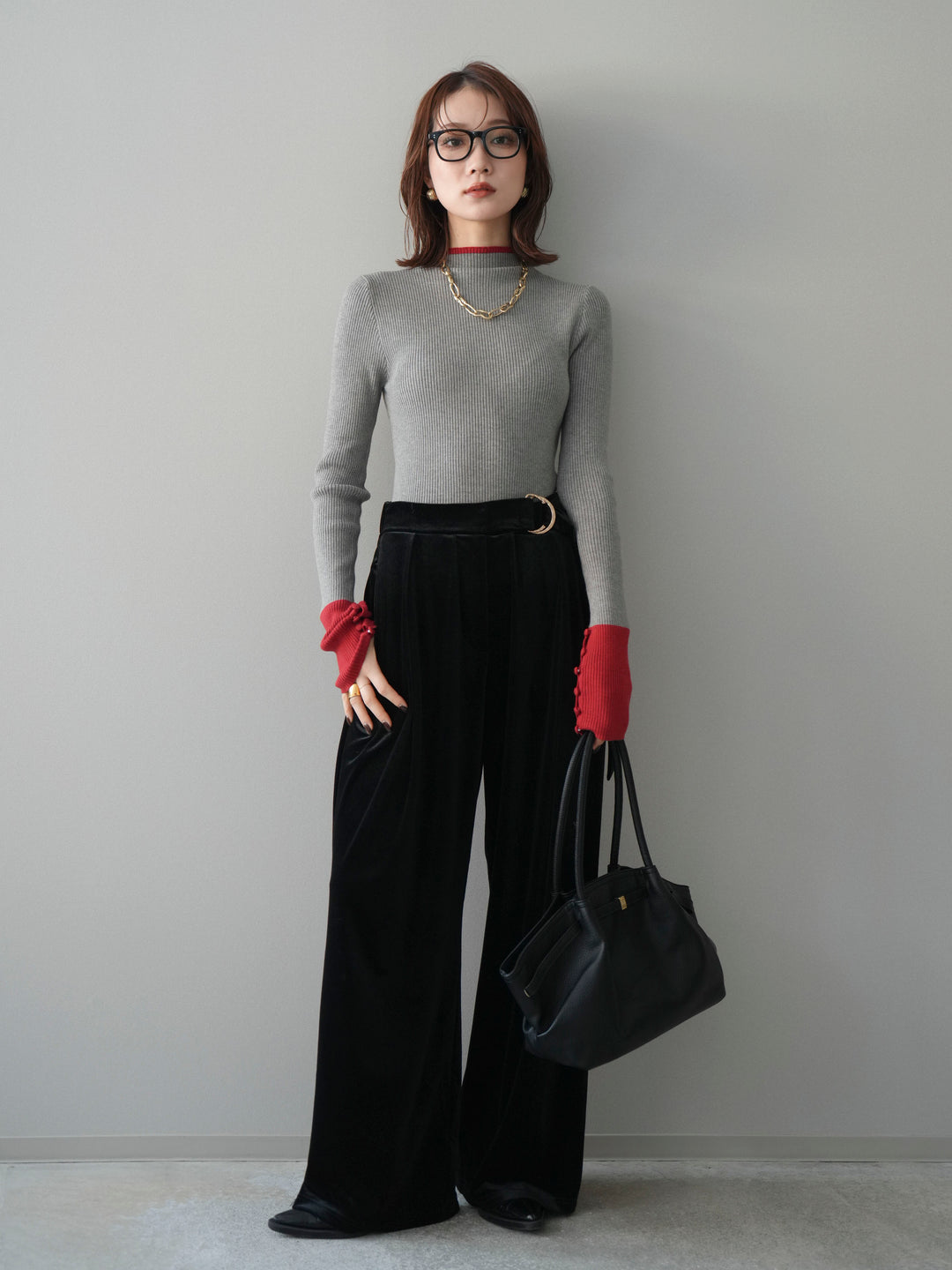 [SET]袖ボタンハイネック配色リブニットトップス+ベロアベルトスリムパンツ(2set)