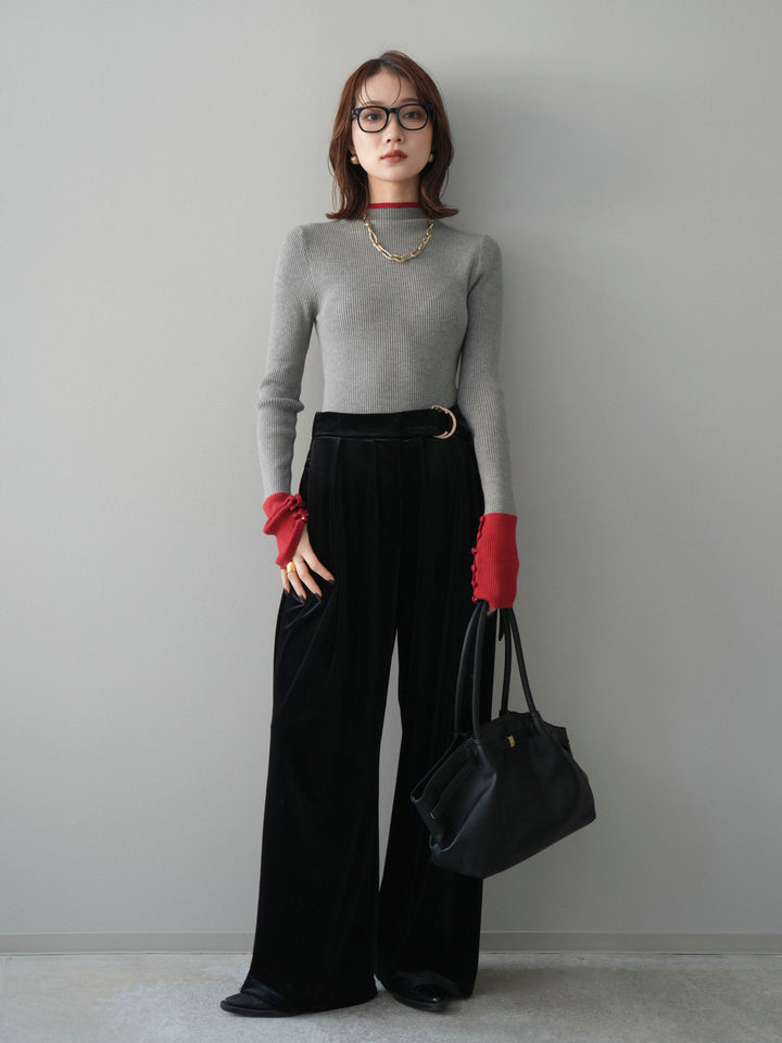 [SET]袖ボタンハイネック配色リブニットトップス+ベロアベルトスリムパンツ(2set)