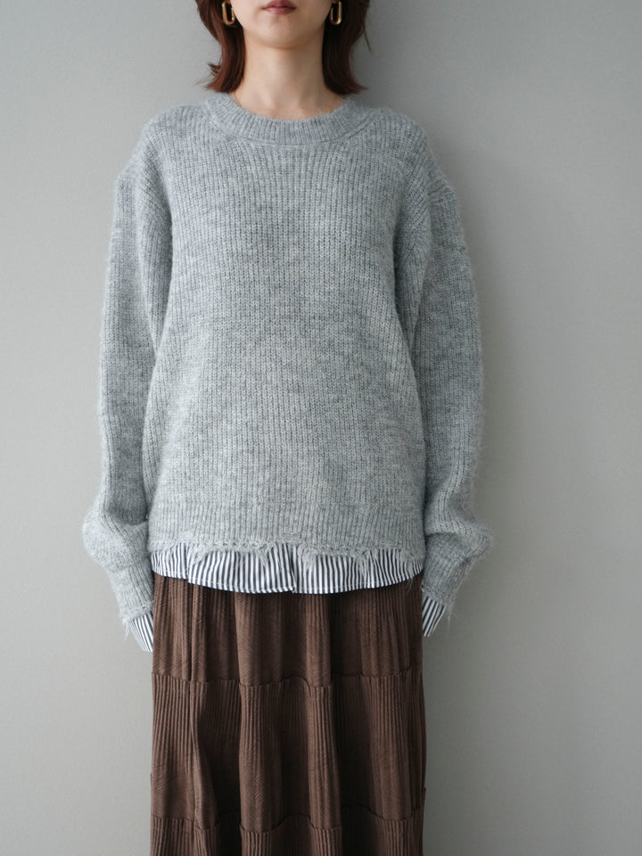 [予約]裾シャツレイヤードダメージニットプルオーバー/lightgrey