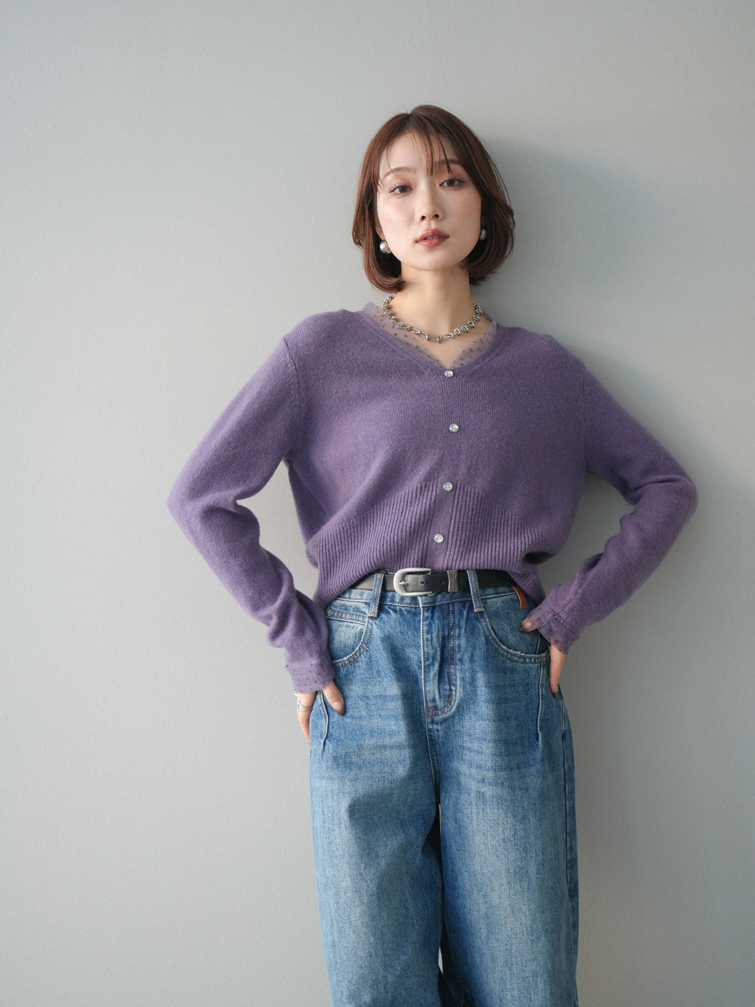 [予約]ドットチュールレイヤードボタンニットトップス/purple