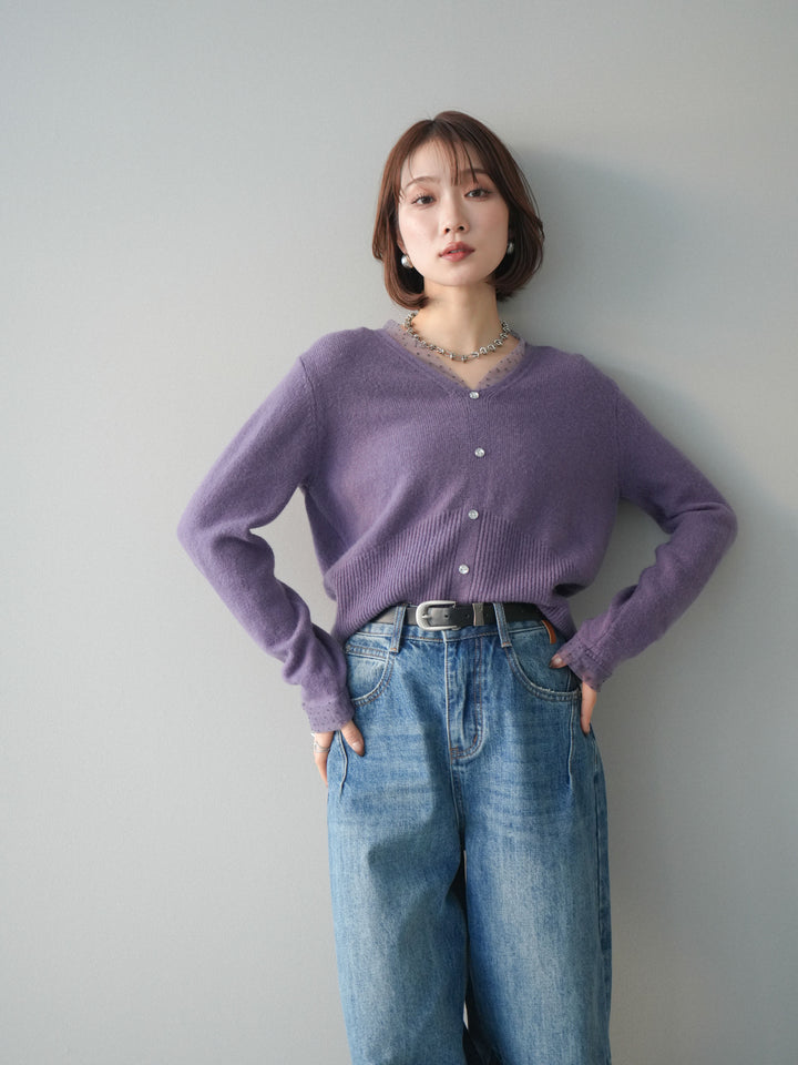 [予約]ドットチュールレイヤードボタンニットトップス/purple