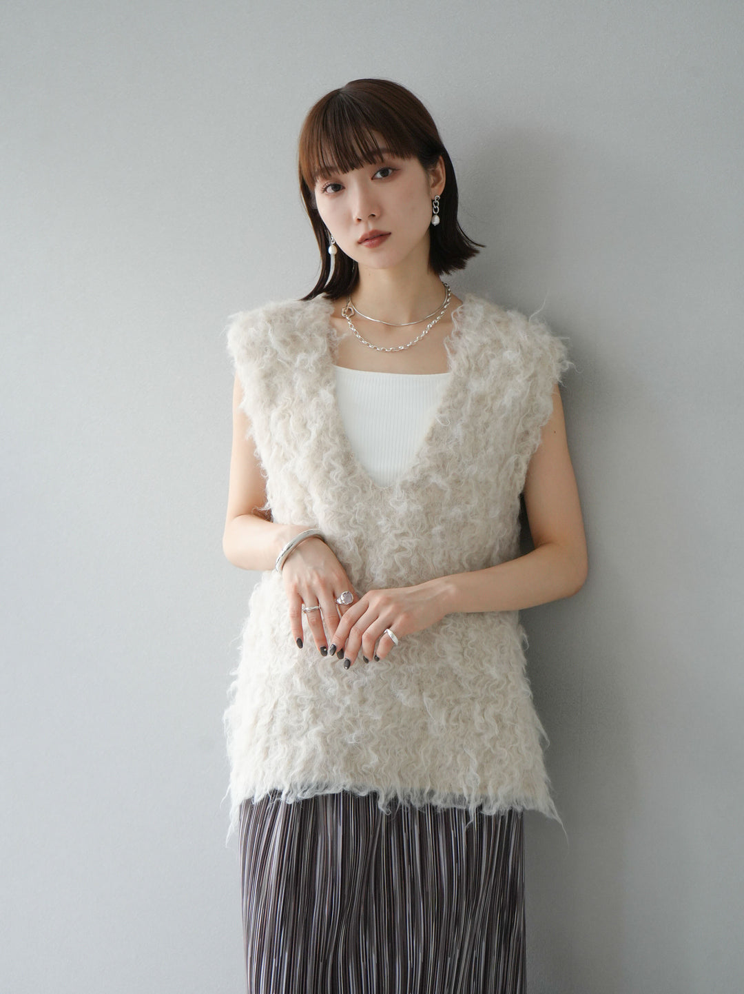 [予約]ウール混ミックスヤーンニットベスト/アイボリー