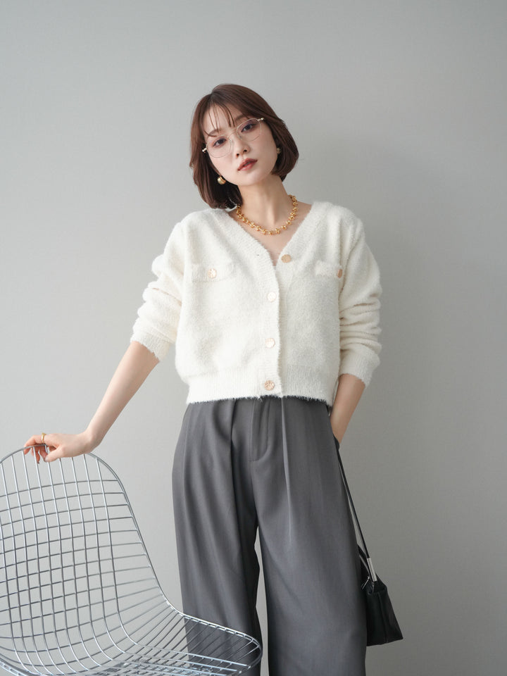 [SET]ゴールドボタンモールニットカーディガン+ベルトループデザインワイドパンツ(2set)