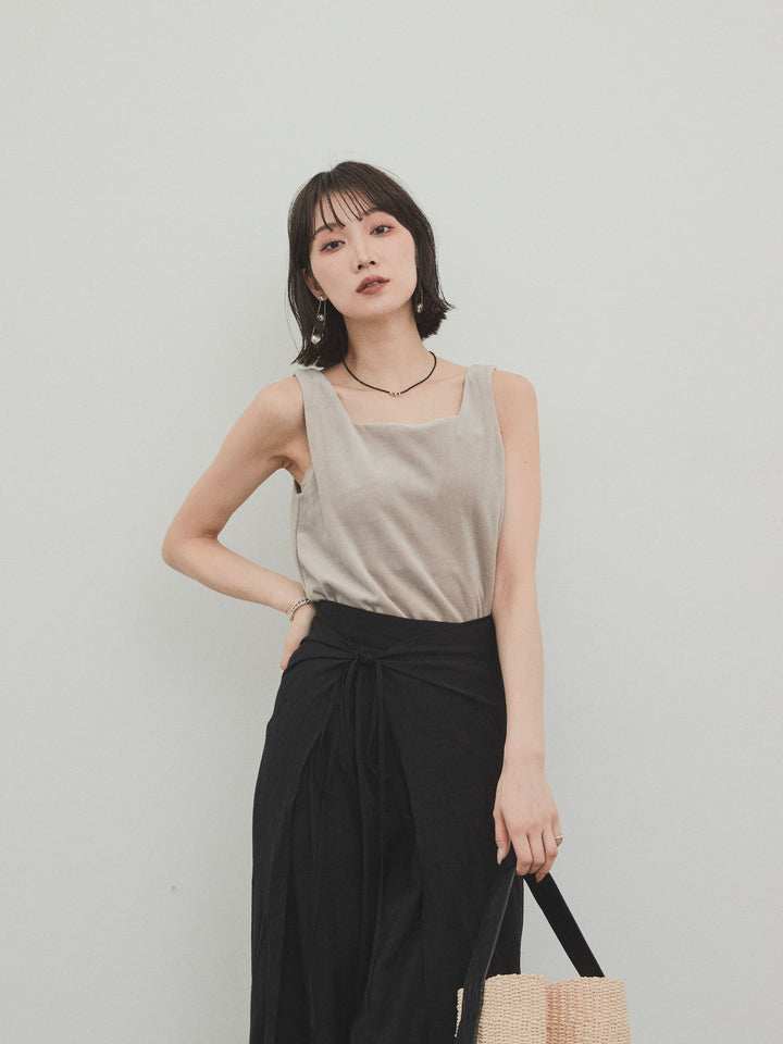 [SET]スクエアベロアタンクトップ+ワッシャーサテンレイヤードスカートパンツ(2set)