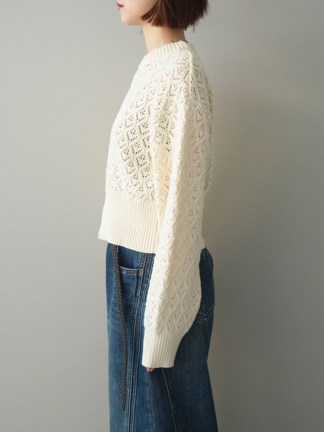 [予約]透かし編みフロントジップスリットニットプルオーバー/ivory