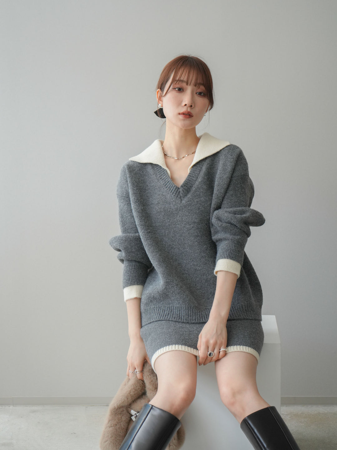 [SET]配色襟ニット＆ミニスカートSET UP+配色襟ニット＆ミニスカートSET UP(2set)