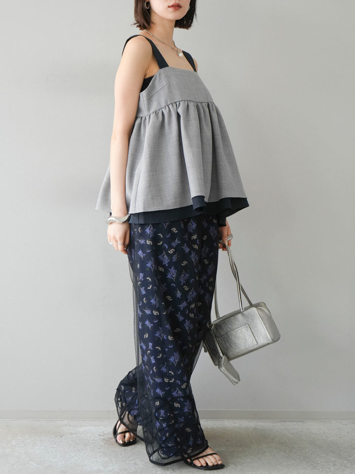 [SET]コード刺繍チュールレイヤードパンツ+ブーケプリントタックパンツ(2set)