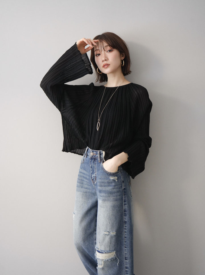 [SET]プリーツシアーフレアスリーブニットトップス+プリーツシアーフレアスリーブニットトップス(2set)