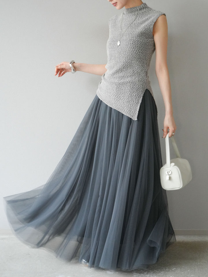 [SET]ブークレアシメニットノースリーブトップス+チュールボリュームスカート(2set)