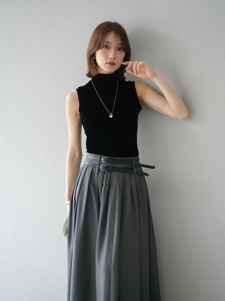 [SET]シアーベロアプチネックノースリーブトップス+エステルプリーツスリットスカート(2set)