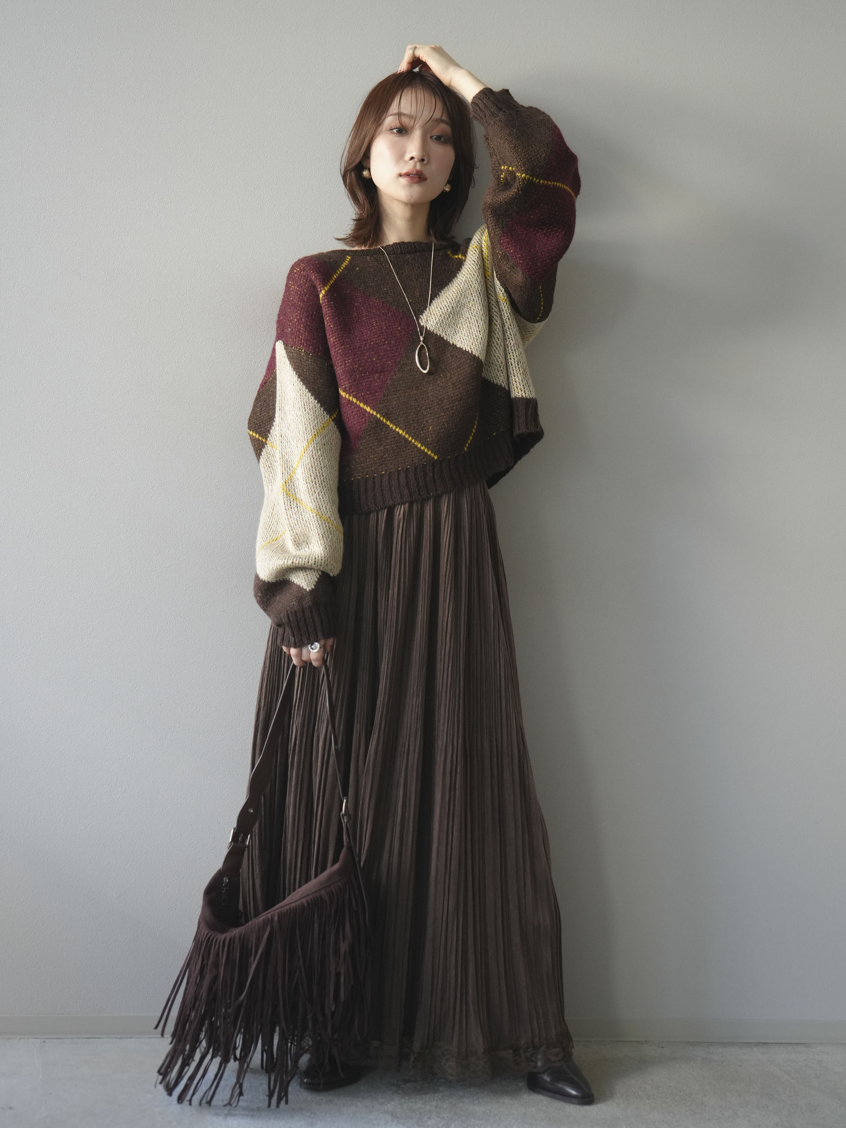 セット＊配色ステッチアーガイル柄ニット&裾レーススウェードプリーツスカート SET]配色ステッチアーガイル柄ニットプルオーバー+裾レーススウェード