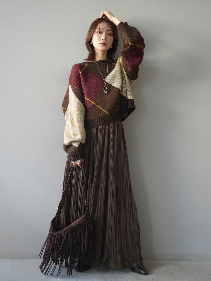 [SET]配色ステッチアーガイル柄ニットプルオーバー+裾レーススウェードプリーツマキシスカート(2set)