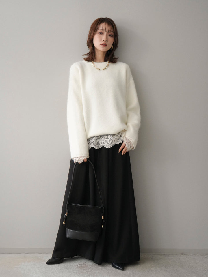 [SET]アンゴラタッチクルーネックニットプルオーバー+テープベルトタックバギーパンツ(2set)