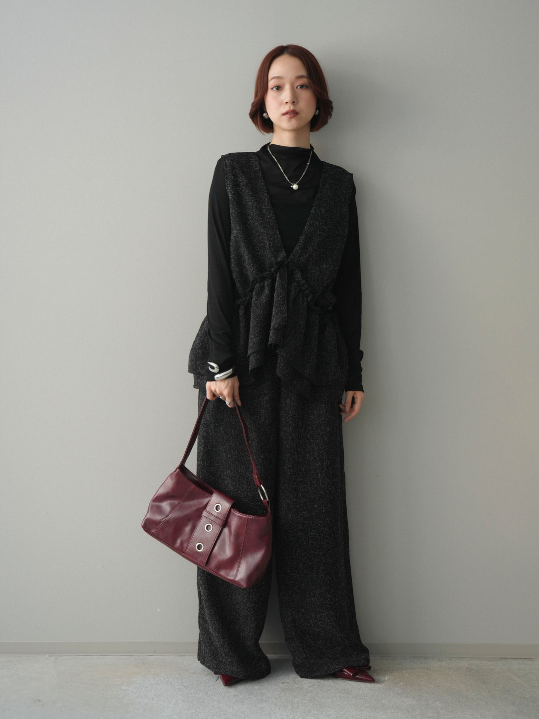 [SET]3WAYミックスツイードギャザーオールインワン+シアープチネックストレッチトップス(2set)