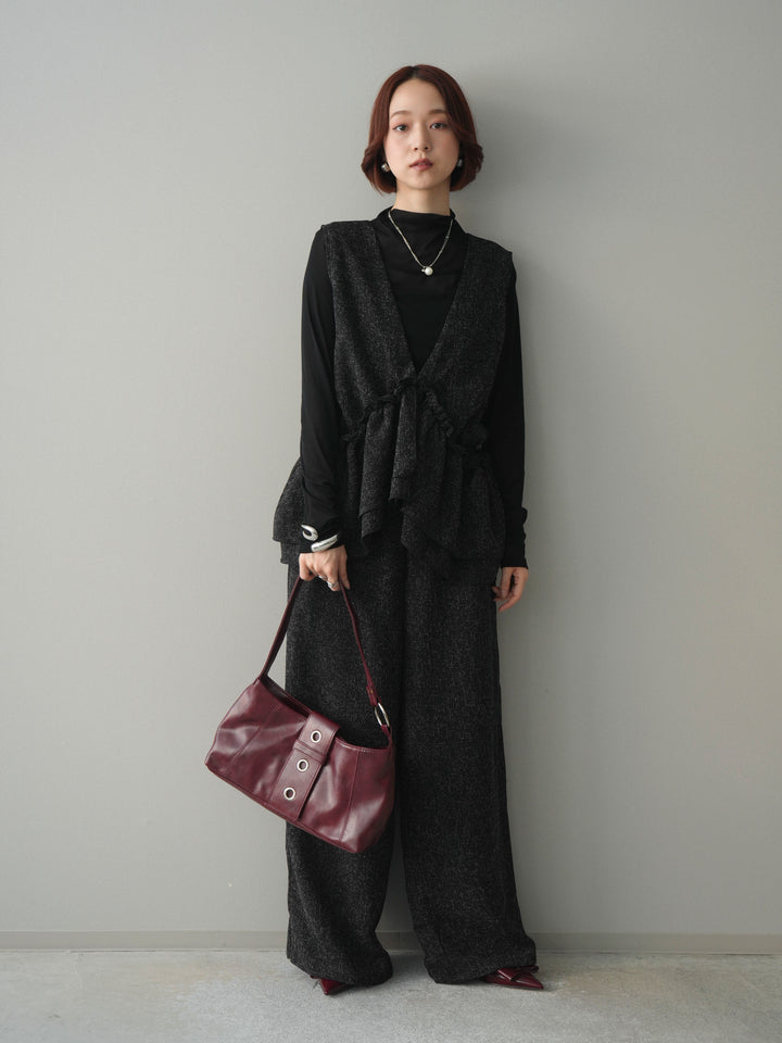 [SET]3WAYミックスツイードギャザーオールインワン+シアープチネックストレッチトップス(2set)